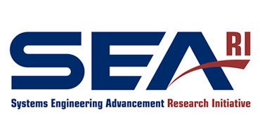 Logo for Systems Engineering Advancement Research Initiative (SEAri) - SEA in dark blue with the line across the A being a swooping red line that extends past the letter with the letters RI above it