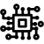 Black line drawing icon of a box in the center that looks similar to a microchip with lines coming out of all sides to dots or connections