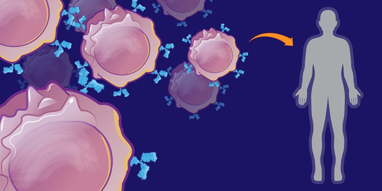 an illustration of cells which are pink and circular with small light blue nodes coming off of them on the left of the image with an orange arrow pointing toward a grey outline of a person's body to the right all on a dark indigo background