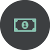 icon for "grant management" - a dark grey circle with two mint green dollar bill icon in the middle