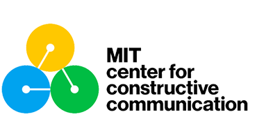 Center for Constructive Communication logo - three circles configured in a triangle, the top triangle is yellow, the bottom left is blue, the bottom right is green - each has a white radius pointing to the next circle; the words "MIT center for constructive communication" in black next to them