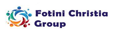 Fotini Christia Group Logo - the words "Fotini Christia Group" in indigo with a figurative icon of five people in blue, light blue, red, orange, and green reaching out to each other and forming a circle to the left of the words