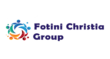 Fotini Christia Group Logo - the words "Fotini Christia Group" in indigo with a figurative icon of five people in blue, light blue, red, orange, and green reaching out to each other and forming a circle to the left of the words
