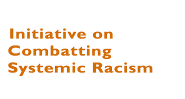 The words "Initiative on Combatting Systemic Racism" in orange on a white background