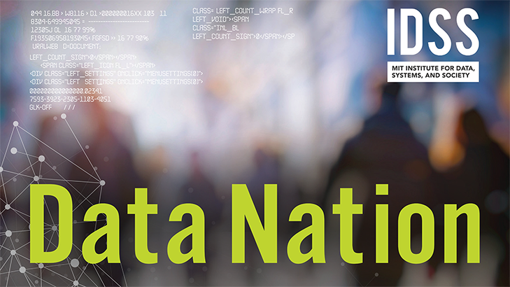 data nation podcast graphic - a blurry background that looks like walking behind a group of people on a sidewalk with white data text over it and the words "Data Nation" in lime green across the bottom with the IDSS logo in the top right corner
