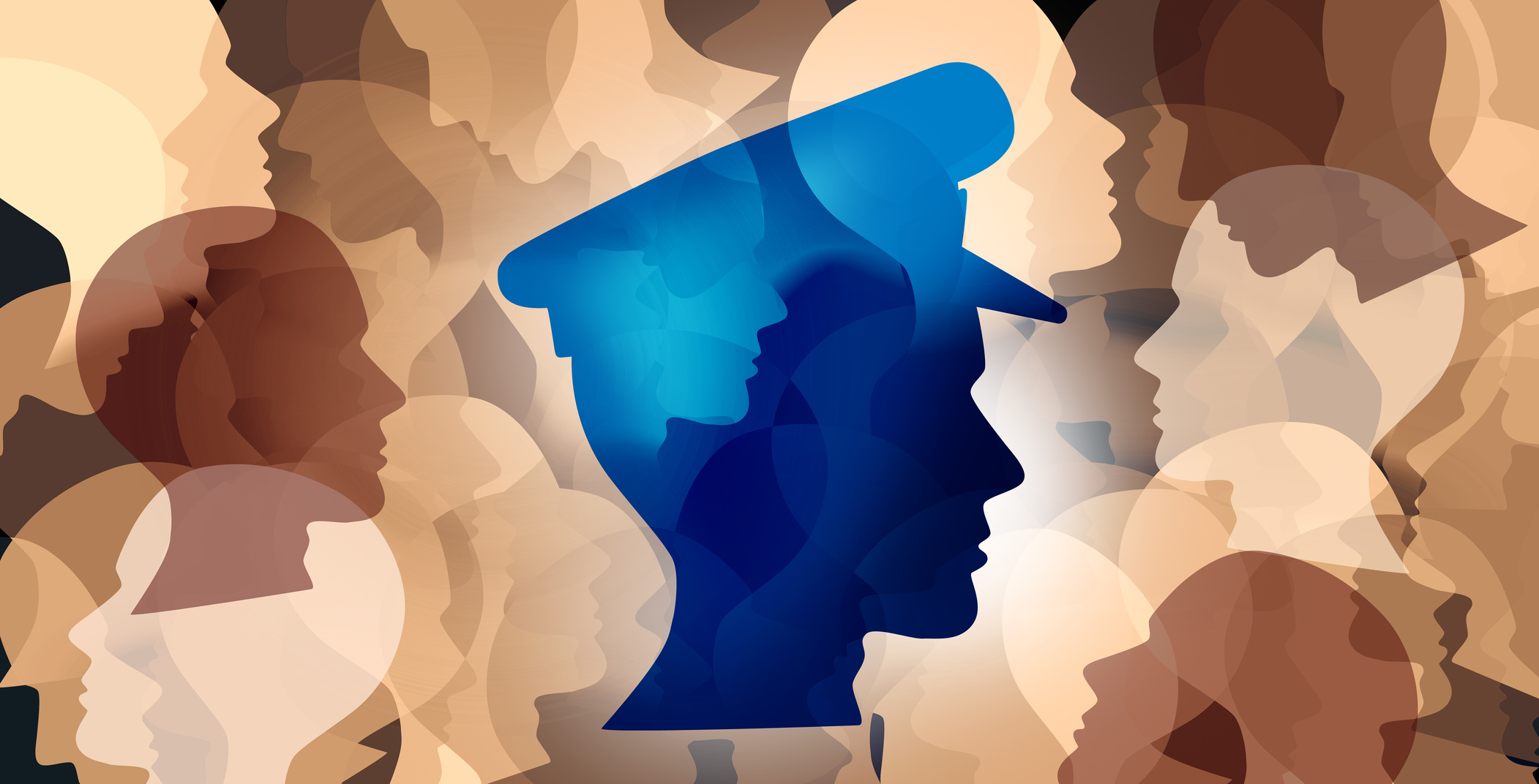 An illustration with the outline of a person's head in profile wearing a police hat, all in blue, over a background of several people's head outlines layered over each other facing every direction, in the many different skin tone colors.