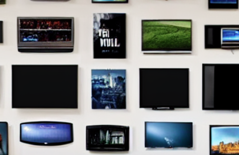 A collection of computer screens, TVs, and print ads, some with images appearing and some blank or black, arranged on a white background