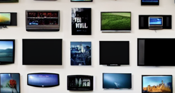 A collection of computer screens, TVs, and print ads, some with images appearing and some blank or black, arranged on a white background