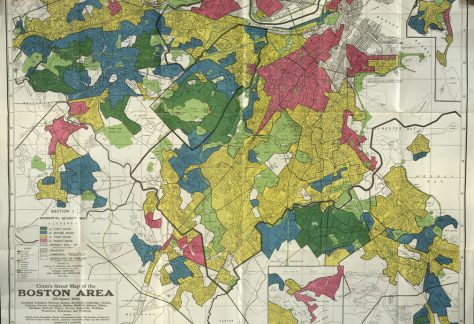 a historical map of boston outling different neighborhood and housing zones in different colors