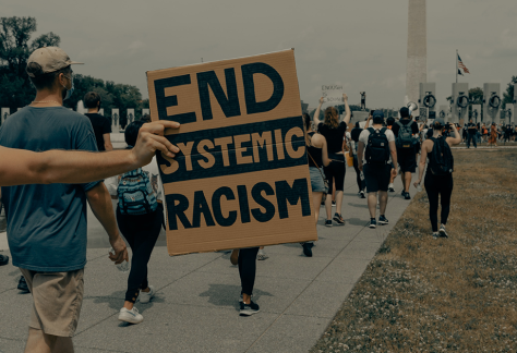 Photo of people marching toward the Washington Monument at the Washington DC mall. A hand is extended into the photo from the left side holding a handmade cardboard sign that reads "End Systemic Racism"