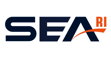 SEAri logo - SEA in very dark blue with an orange swoosh making the middle of the A with the letters RI, which are also orange, sitting on the tail of the swoosh