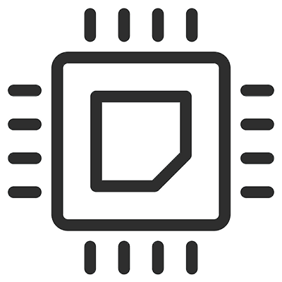line drawing of a computer microchip - a box with four lines coming out of each side and a smaller box in the center with the bottom right corner angled