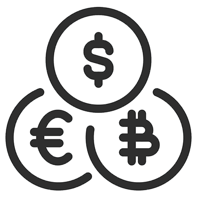 line drawing of three intersecting circles, one with a dollar symbol, one with a euro symbol, one with a bitcoin symbol