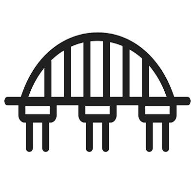 line drawing of a train trestle bridge with three columns underneath and an arched span across the top