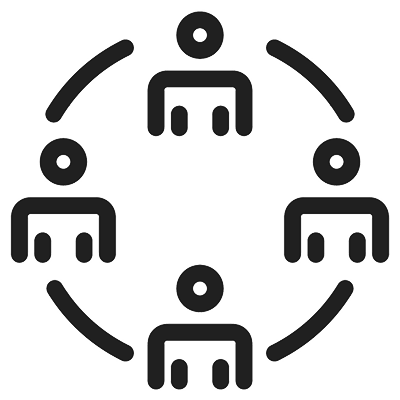 a line drawing graphic of four people figures (one at the top, one at the right, one at the bottom, and one at the left) connected by circular lines between them