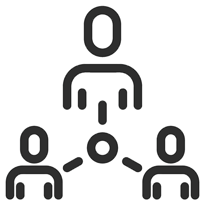 line drawing of three people figures (one top center, one bottom left, and one bottom right) with a circle in the center between them and lines connecting each figure to the center circle
