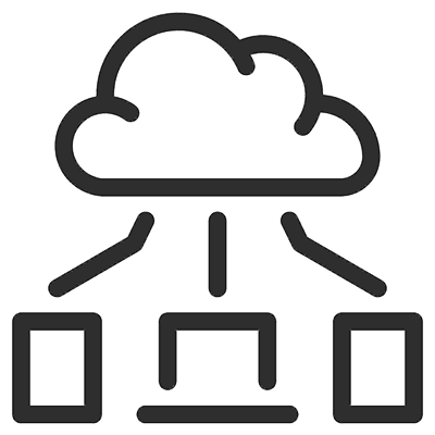 line drawing of a cloud in the top of the image with three lines coming down out of it going to line drawings of a phone, laptop, and tablet