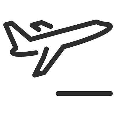 line drawing of an airplane taking off with a line below it indicating the runway